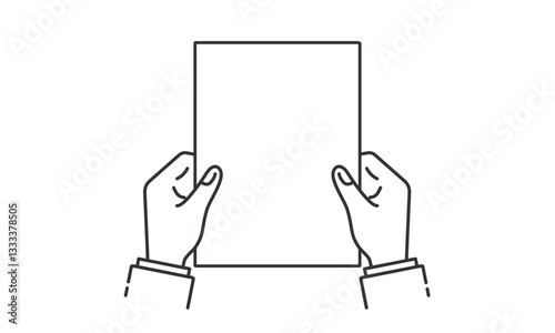 表彰式で賞状や証書を両手で受け取るベクターイラスト (縦･線画･モノクロ)