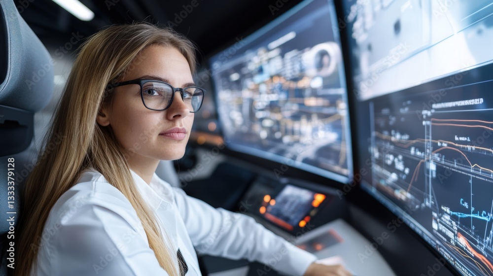 High-tech control room expert monitoring in a digital workspace High-tech control room expert monitoring in a digital workspace