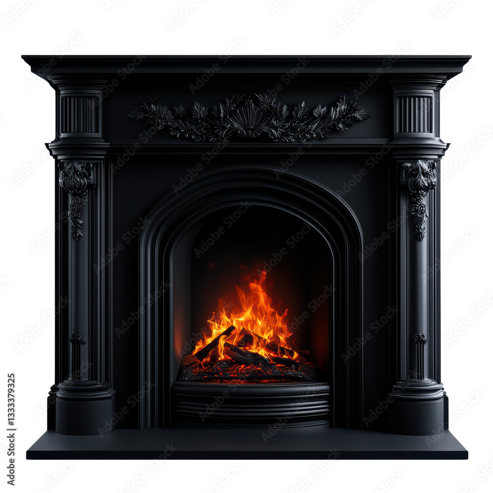Naklejka premium Elegant black fireplace with glowing flames
