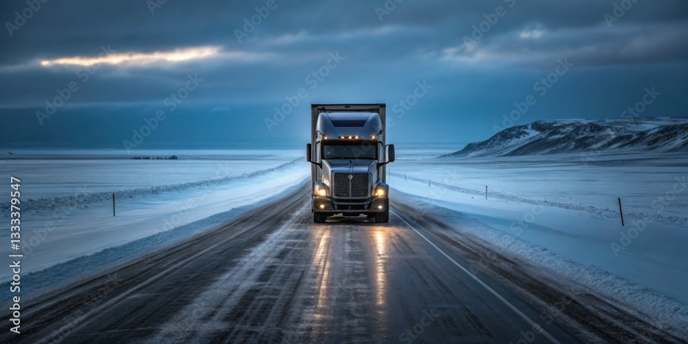 Winter trucking journey through icy landscape at dusk along remote highway