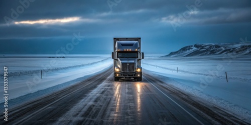 Obraz na płótnie Winter trucking journey through icy landscape at dusk along remote highway w salonie