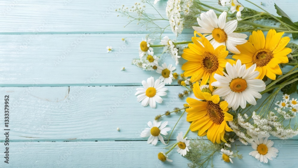 Fototapeta premium Bouquet of Yellow and White Daisies on Light Blue Wooden Surface