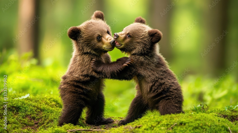 Obraz premium Playful Brown Bear Cubs in a Lush Forest