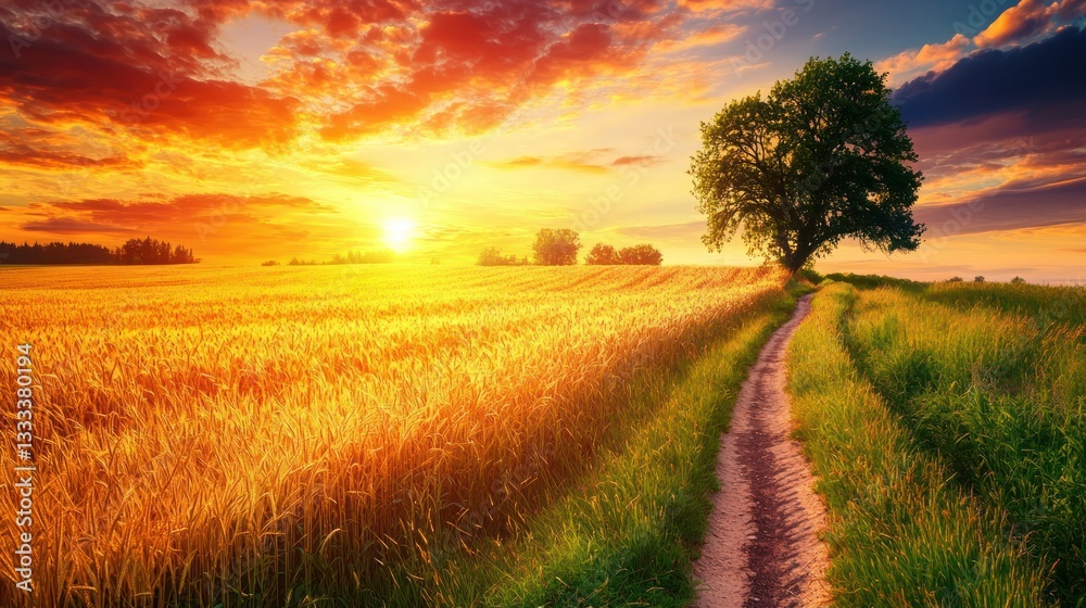 Fototapeta premium Golden Sunset over Wheat Field Path