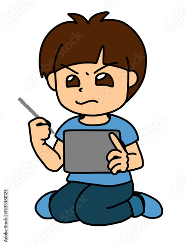 難しそうにタブレットを操作する男の子　カラー（Affinity Designer版）