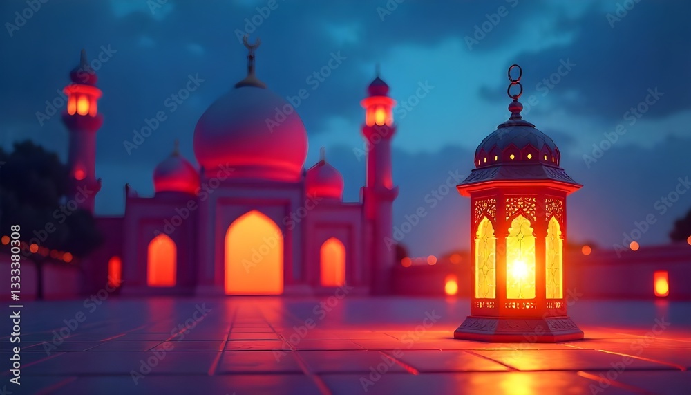 A serene Ramadan night scene featuring a vibrant, colorful mosque and a beautifully illuminated lantern