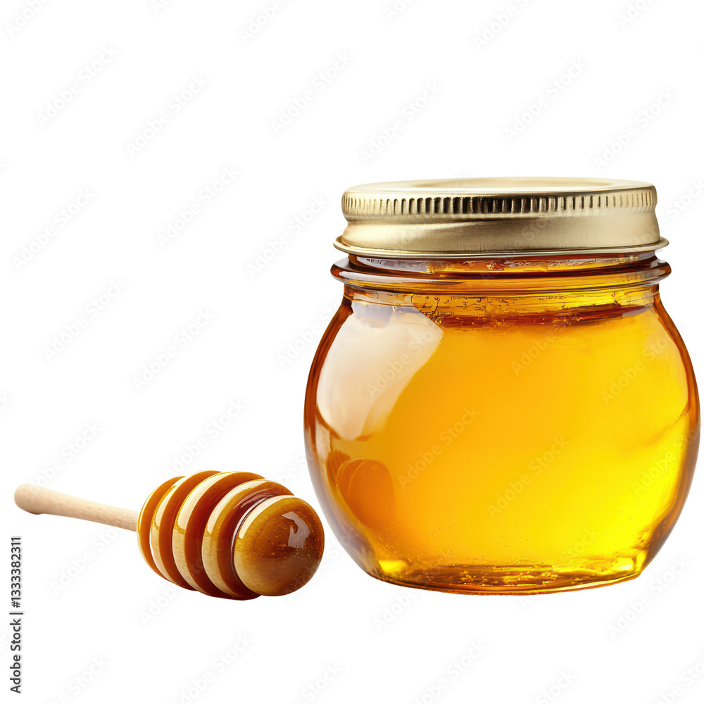 Jar of honey with a wooden dipper Jar of honey with a wooden dipper