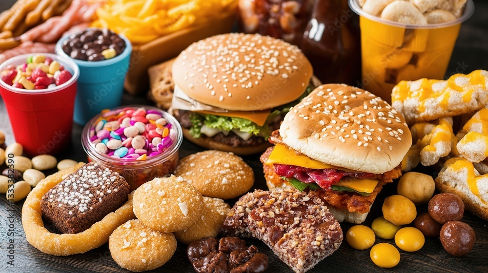 Unhealthy Food Products Displayed Together on a Table Unhealthy Food Products Displayed Together on a Table