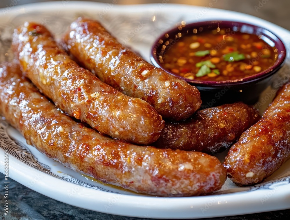 Grilled sausages served alongside a flavorful dipping sauce on an elegant plate, perfect for a delicious culinary experience and food photography needs Grilled sausages served alongside a flavorful dipping sauce on an elegant plate, perfect for a delicious culinary experience and food photography needs