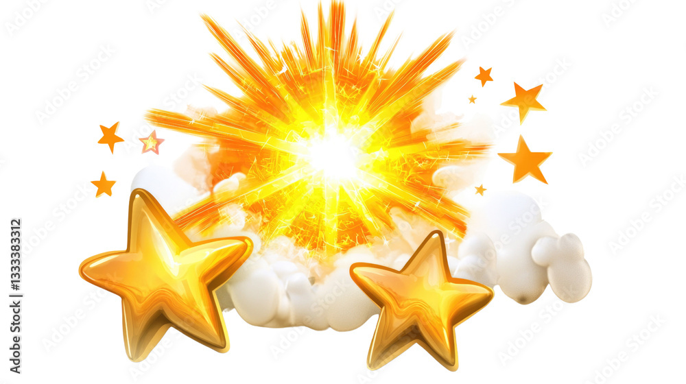 Bright Explosion with Stars and Cloudy Background Creating Dramatic Visual Impact for Designs Bright Explosion with Stars and Cloudy Background Creating Dramatic Visual Impact for Designs