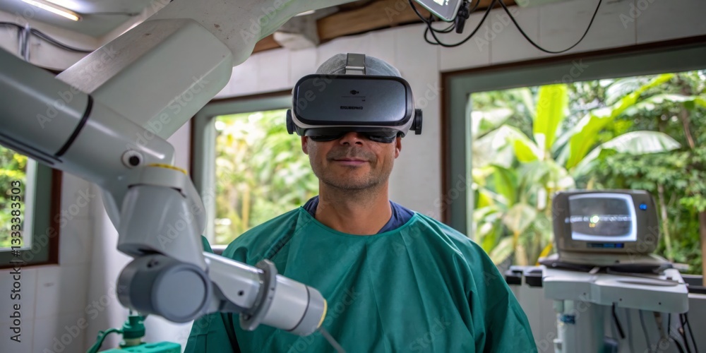 Man wearing virtual reality headset in medical setting surrounded by tropical plants during a surgical simulation