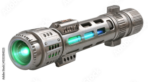 Futuristic Silver Laser Pointer with Green Beam and Colorful Light Display for High-Tech Use