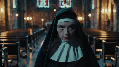 A solemn nun standing at the center of a grand, Gothic-style church. The dim lighting and stained glass windows create a sacred and mysterious atmosphere.