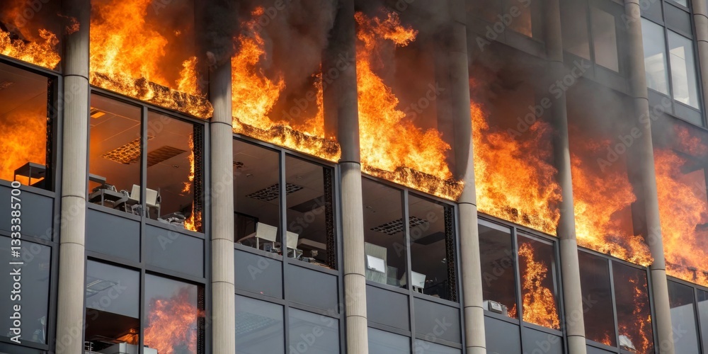 Fire engulfs office building during daylight hours, creating a chaotic and dangerous environment