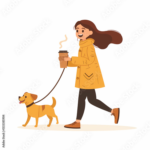 Woman walking her dog on a leash while holding a cup of coffee. Enjoying a sunny day outdoors.