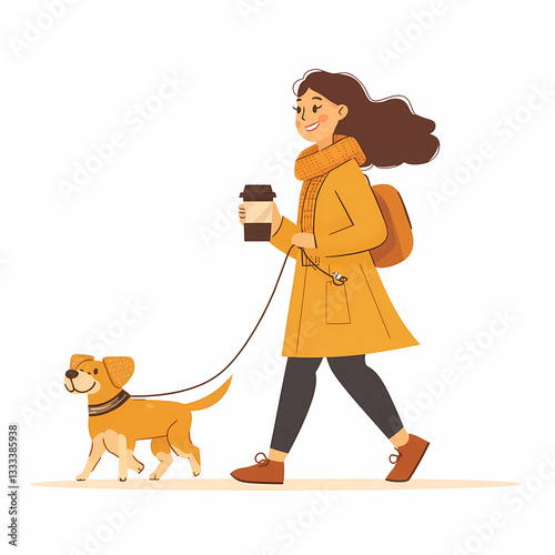 A young woman walks her dog while carrying a coffee, enjoying a simple and pleasant moment. Both are happy and healthy.