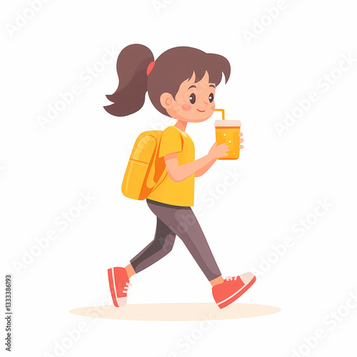 Girl with Backpack and Drink: Cheerful cartoon character walking with a backpack and enjoying a refreshing beverage.