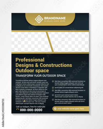 This professional designs and constructions outdoor spaces flyer design template have been developed to boost your Ultimate Marketing strategy and brand or product awareness. space for photo collage.