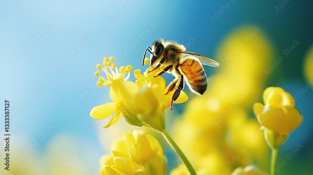 Fototapeta premium Close-Up Macro of Yellow Flower with Bee Pollinating in Nature
