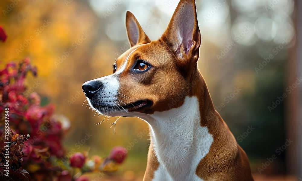 Dog in autumnal park. Profile view of a dog with reddish-brown and white fur, alert and looking off into the distance against a backdrop of fall colors Dog in autumnal park. Profile view of a dog with reddish-brown and white fur, alert and looking off into the distance against a backdrop of fall colors