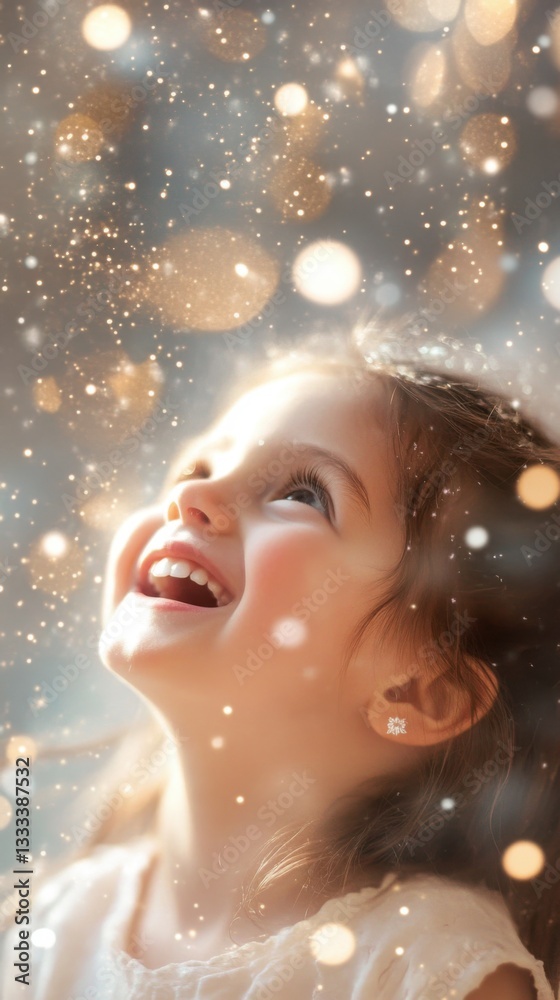 Teeth. Tooth. Joyful Little Girl Looking Up at Falling Snow Teeth. Tooth. Joyful Little Girl Looking Up at Falling Snow