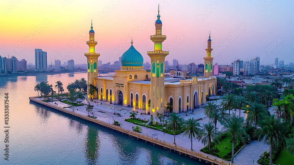 Obraz premium A stunning aerial view of a vibrant mosque at sunset, surrounded by palm trees and a calm river