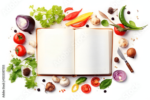 Open recipe book and different ingredients on light blue wooden table, flat lay. Space for text
