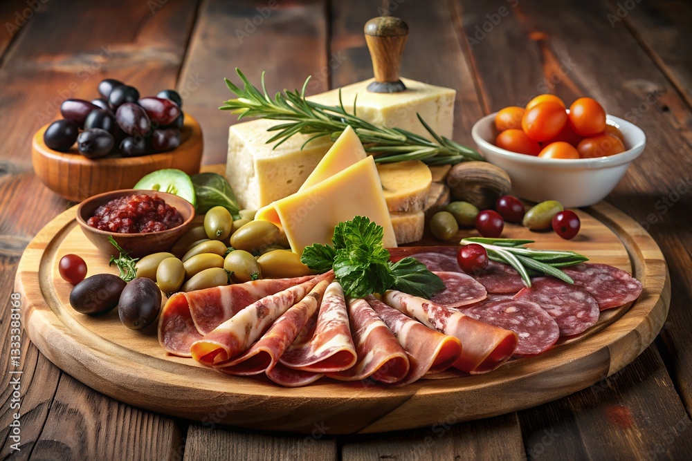 A Rustic Italian Charcuterie Board Overflowing With Delectable Cured Meats, Aged Cheeses, Olives, And Vibrant Cherry Tomatoes, Bathed In Warm, Inviting Light A Rustic Italian Charcuterie Board Overflowing With Delectable Cured Meats, Aged Cheeses, Olives, And Vibrant Cherry Tomatoes, Bathed In Warm, Inviting Light