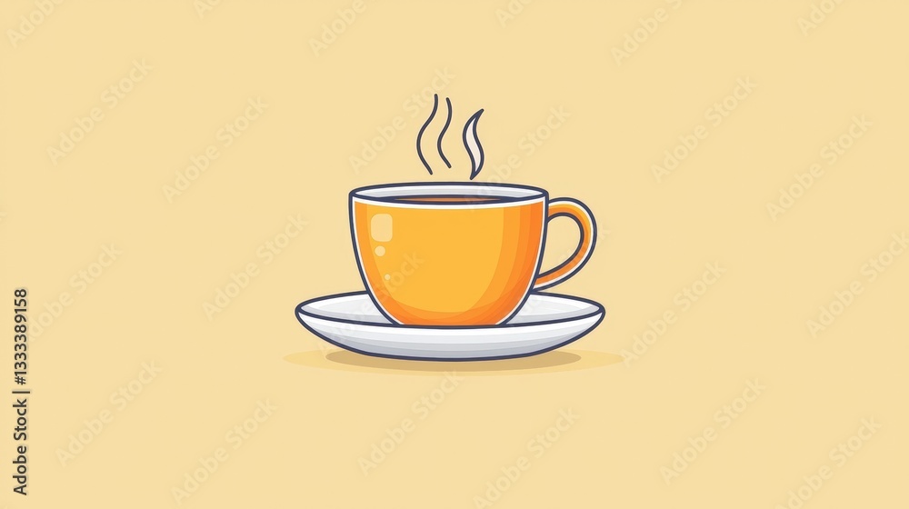Obraz premium Vibrant Orange Coffee Cup with Steam on a Saucer Against a Soft Yellow Background
