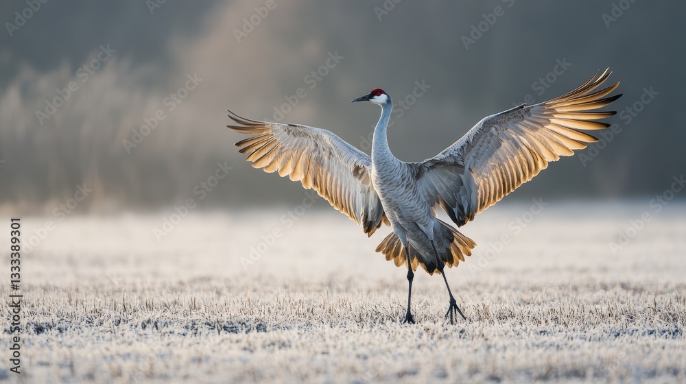 Fototapeta premium Sandhill Crane with Spread Wings on a Frosted Field