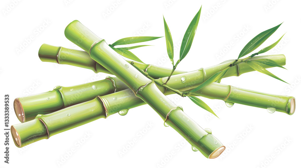 Obraz premium Fresh Green Bamboo Sticks with Dewdrops on Leaves and Stems in Nature Environment