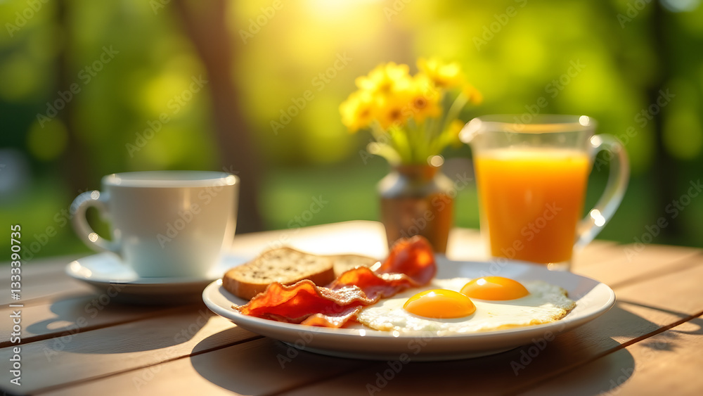 A sunny outdoor breakfast with eggs, bacon, toast, coffee, and orange juice. A warm and inviting morning scene with a garden view, soft sunlight, and fresh ingredients. A sunny outdoor breakfast with eggs, bacon, toast, coffee, and orange juice. A warm and inviting morning scene with a garden view, soft sunlight, and fresh ingredients.