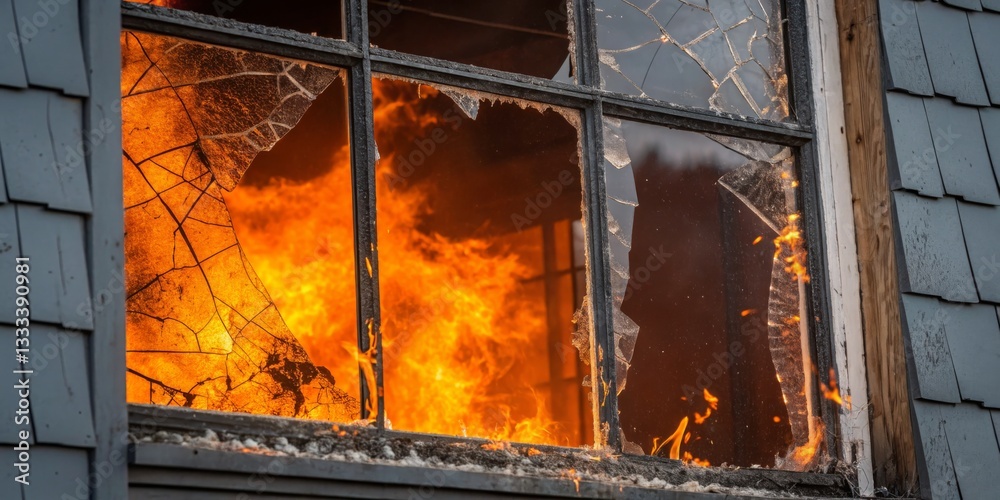 Flames engulf a building through broken windows in a dramatic fire at dusk