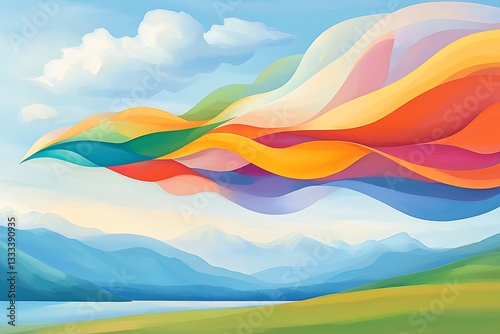 Colorful Stream Soaring Above Mountains.