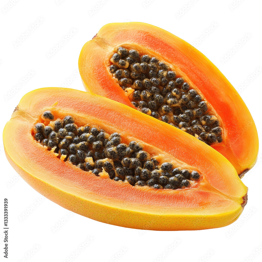 Fresh and ripe papaya halves isolated on a clean Transparent background ready for culinary use, papaya isolated on PNG background Fresh and ripe papaya halves isolated on a clean Transparent background ready for culinary use, papaya isolated on PNG background