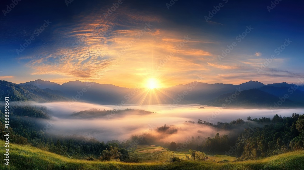 Fototapeta premium Serene Sunrise Over Misty Valley with Mountain View and Clear Sky