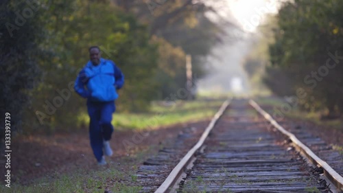 Selective focus shot of railroad tracks with a man in a blue outfit running beside them in the background on a sunny morning