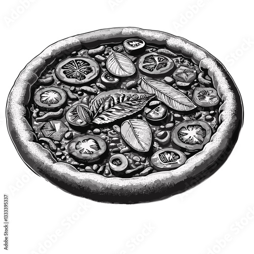Intricately illustrated pizza with assorted vegetable toppings on a round crust, showcasing appetizing details