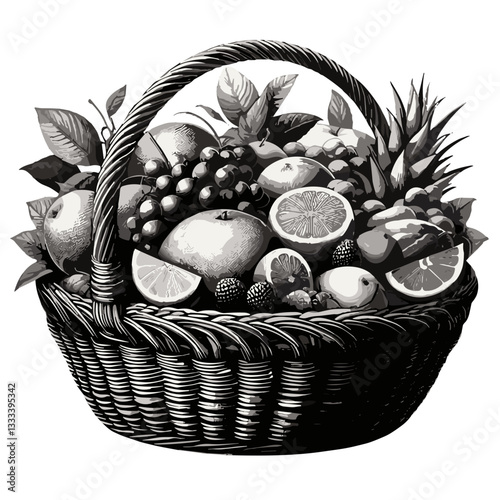 Bountiful fruit basket illustration with assorted fruits and foliage on a plain background