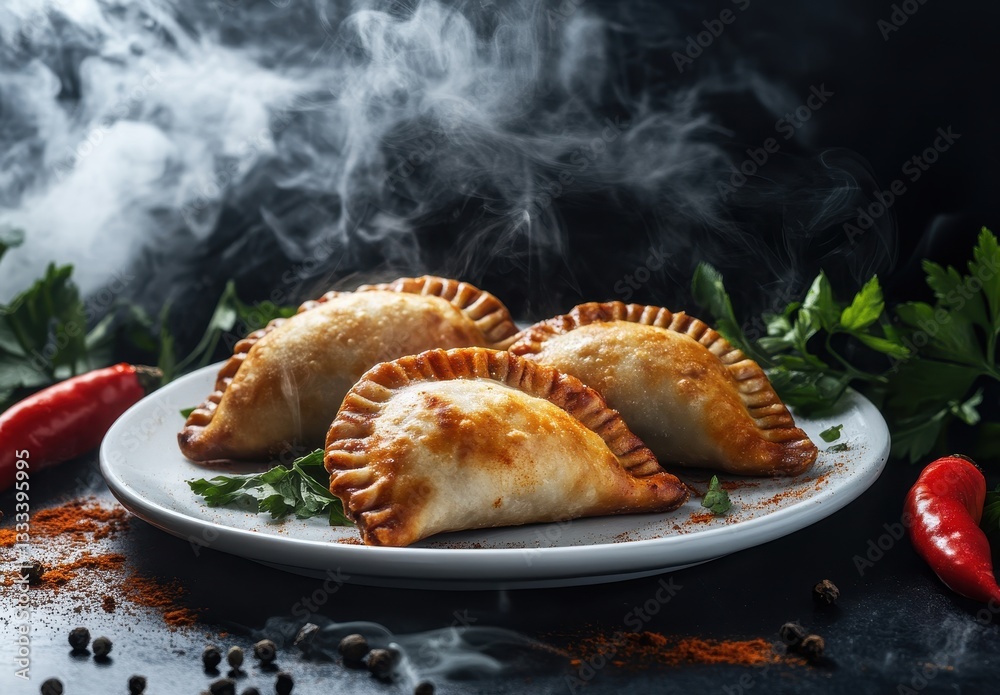 Steaming Golden Empanadas on White Plate Surrounded by Fresh Herbs and Spices with Dramatic Smoke Effect in the Background