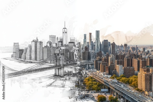 Artistic composition of new york skyline  architectural sketch meets warm toned aerial photograph