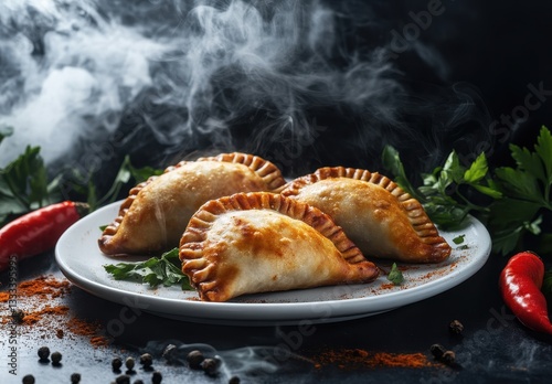 Obraz na płótnie Steaming Golden Empanadas on White Plate Surrounded by Fresh Herbs and Spices with Dramatic Smoke Effect in the Background w salonie
