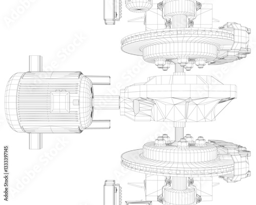 A drawing of a spaceship with a large engine and a smaller engine. The drawing is in black and white