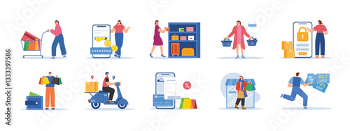 Shopping set illustrations. Flat vector illustrations concept.