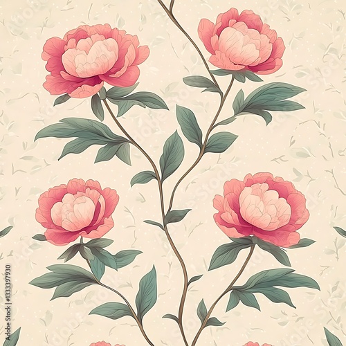 Elegant Peony Floral Seamless Pattern.