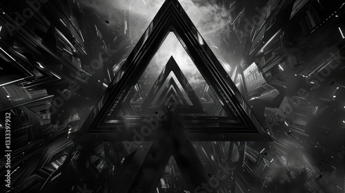 Futuristic Abstract Triangle Design - Glowing Geometric Symbol with Fire and Smoke