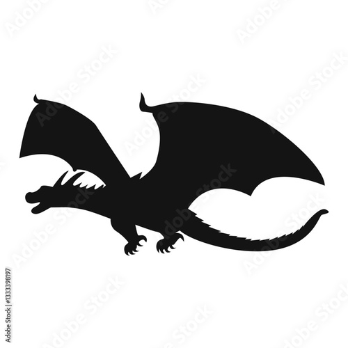 Silhouette of Flying Dragon. Vector Illustration Isolated on White Background.