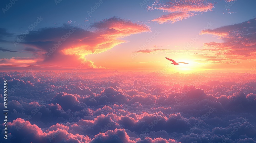 Serene Sunrise Over Cloudy Horizon with Gentle Bird Flying in Colorful Sky Serene Sunrise Over Cloudy Horizon with Gentle Bird Flying in Colorful Sky