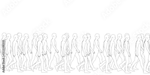 A group of people are walking in a line. The line is very long and the people are all walking in the same direction. Side view
