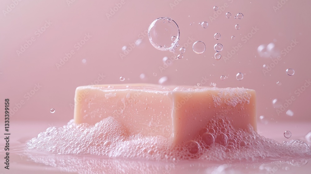 Fototapeta premium Fresh Soap Bar Surrounded by Bubbles on Soft Pink Background